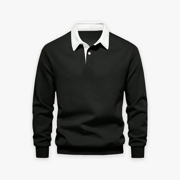 Black With White Multicolor Polo Collar Long Sleeves Sweatshirt