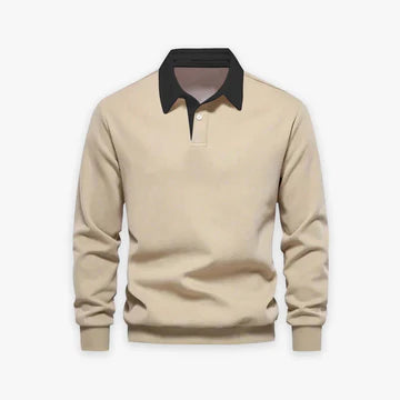 Beige With Multicolor Polo Collar Long Sleeves Sweetshirt