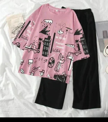 Pink Planet Music With Black Pajama Night Suit VELMO