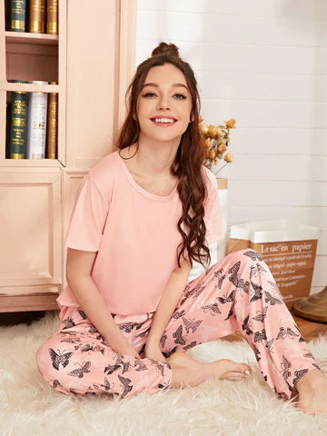 Baby Pink With Butterfly Printed Pajama Night Suit VELMO