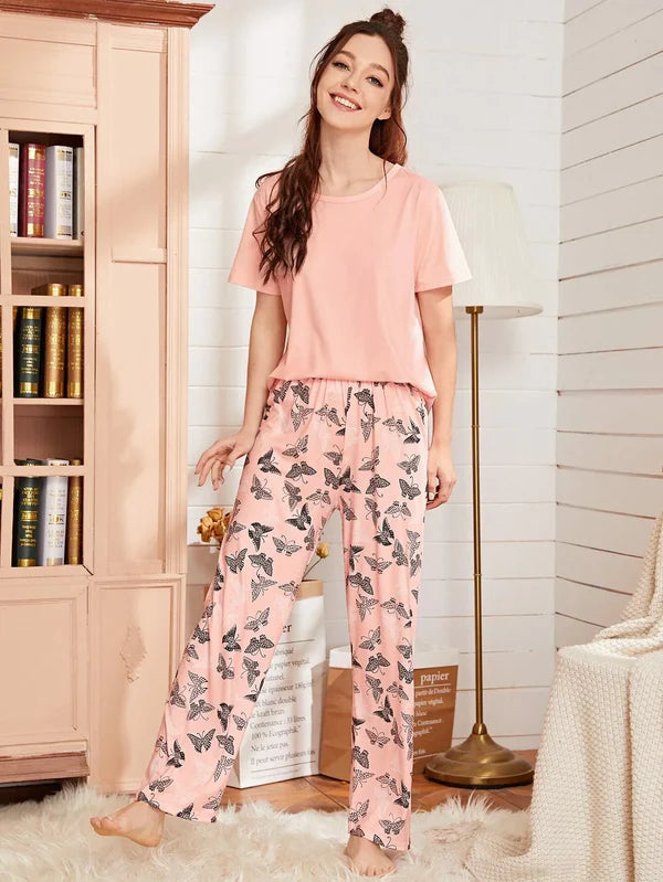 Baby Pink With Butterfly Printed Pajama Night Suit VELMO