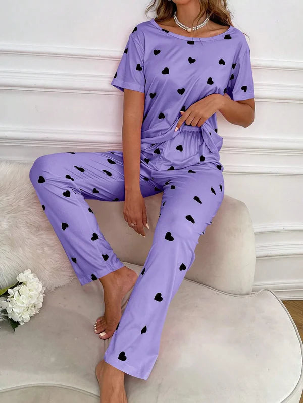 Purple with Black Tiny Heart Printed Night Suit VELMO
