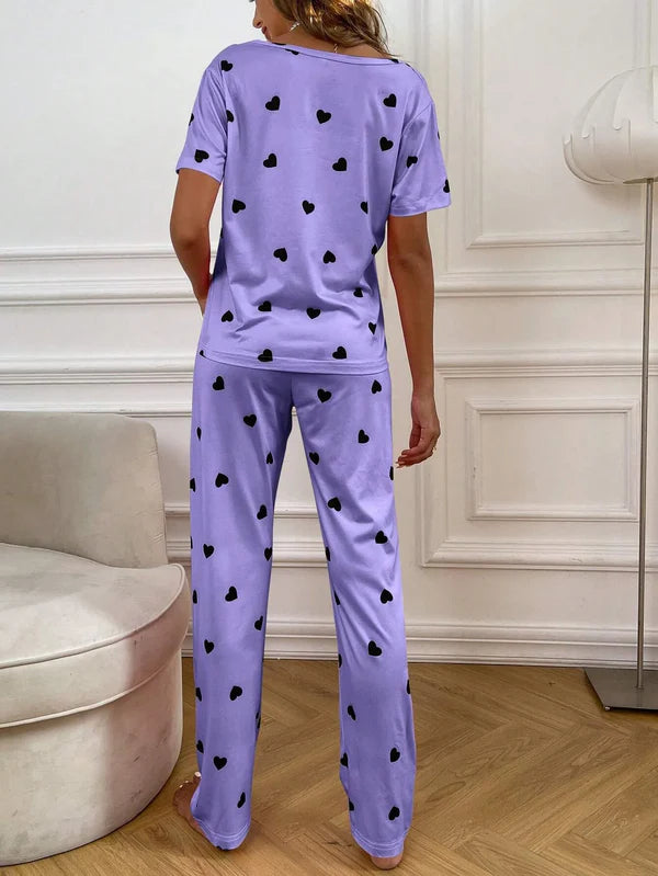 Purple with Black Tiny Heart Printed Night Suit VELMO