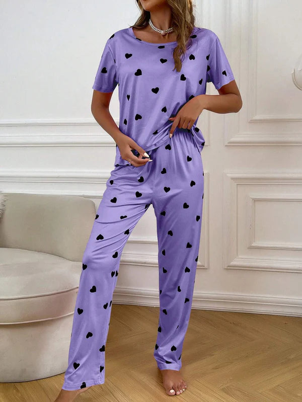 Purple with Black Tiny Heart Printed Night Suit VELMO