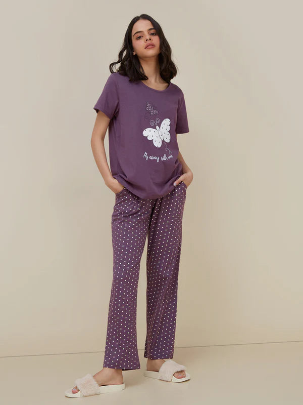 Purple Butterfly Printed Night Suit VELMO
