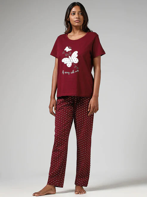Maroon Butterfly Printed Night Suit VELMO