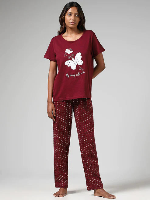 Maroon Butterfly Printed Night Suit VELMO