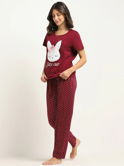 Maroon Stay Cute Printed Night Suit VELMO