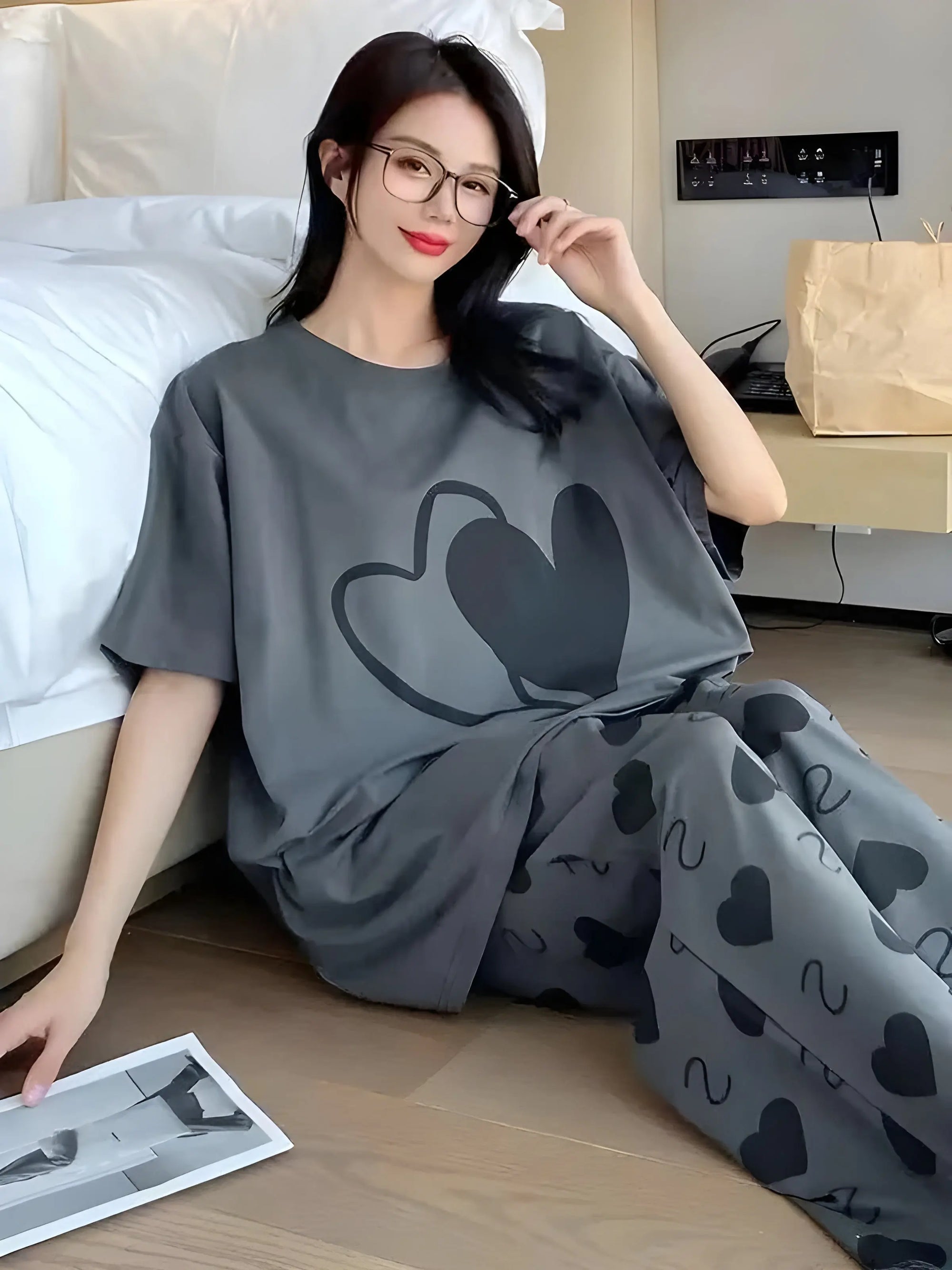 Steel Grey Double Heart Printed Night suit VELMO