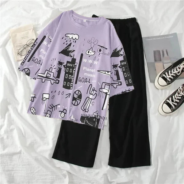 Purple Planet Music With Black Pajama Printed Night Suit