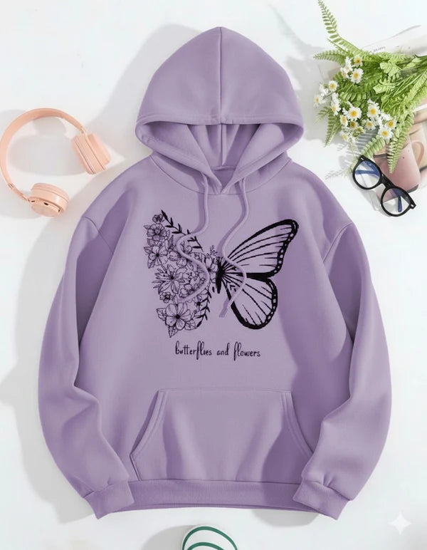 Purple Butterfly And Flower Printed Hoodie For Women
