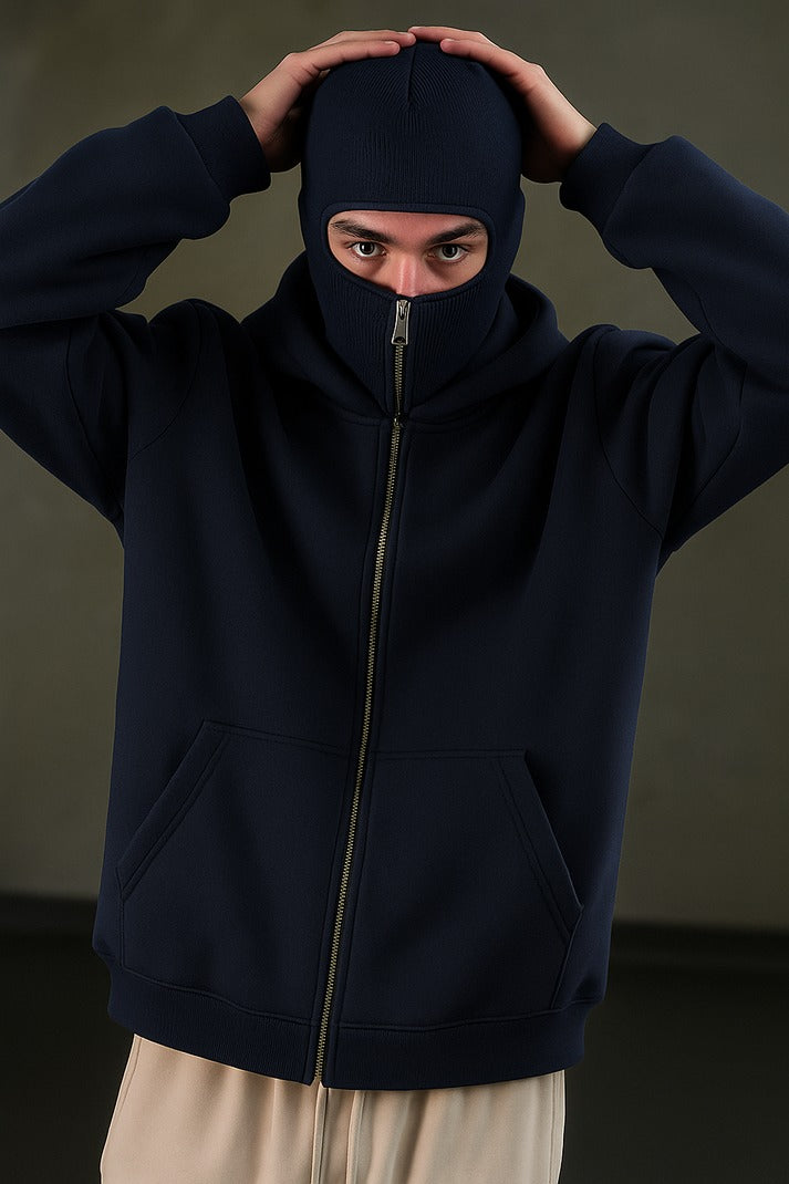 Navy Blue Balaclava Ninja Zipper Hoodie Jacket