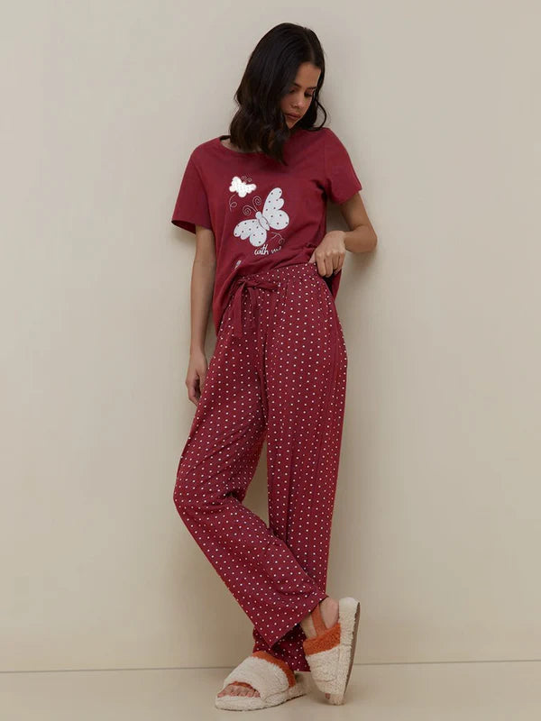 Maroon Butterfly Printed Night Suit VELMO