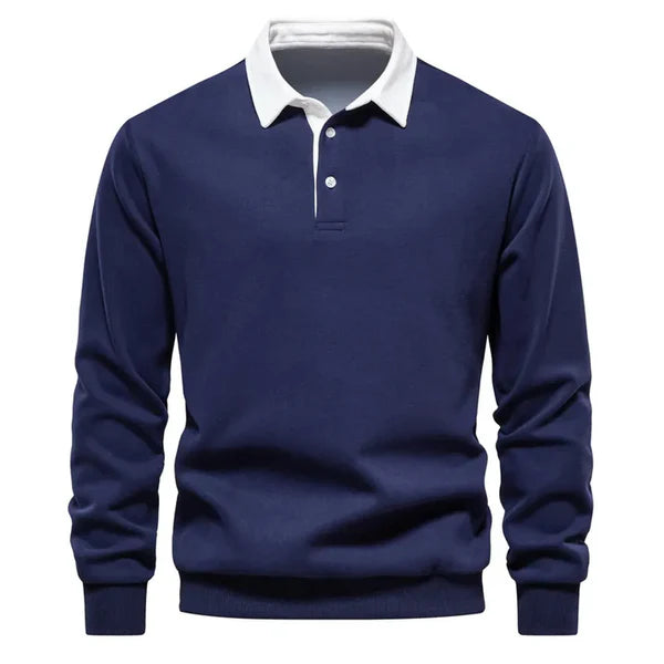 Navy Blue With White Multicolor Polo Collar Long Sleeves Sweatshirt