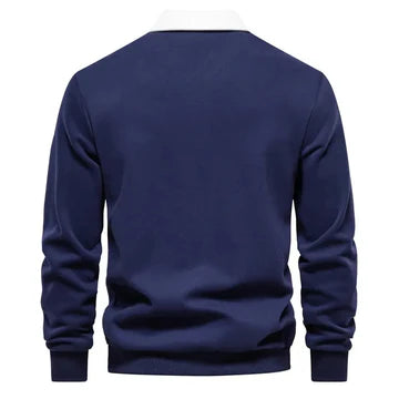 Navy Blue With White Multicolor Polo Collar Long Sleeves Sweatshirt
