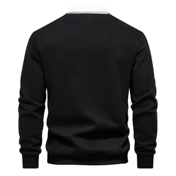 Black With White Multicolor Polo Collar Long Sleeves Sweatshirt